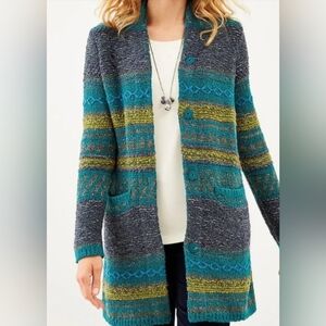 J. Jill Teal and Gray Knit Cardigan Wool Blend